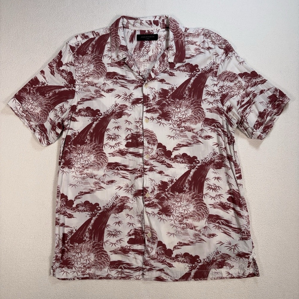 AllSaints Sunda Shirt Men's L Red Tiger Viscose Loop Collar Hawaiian Camp Button